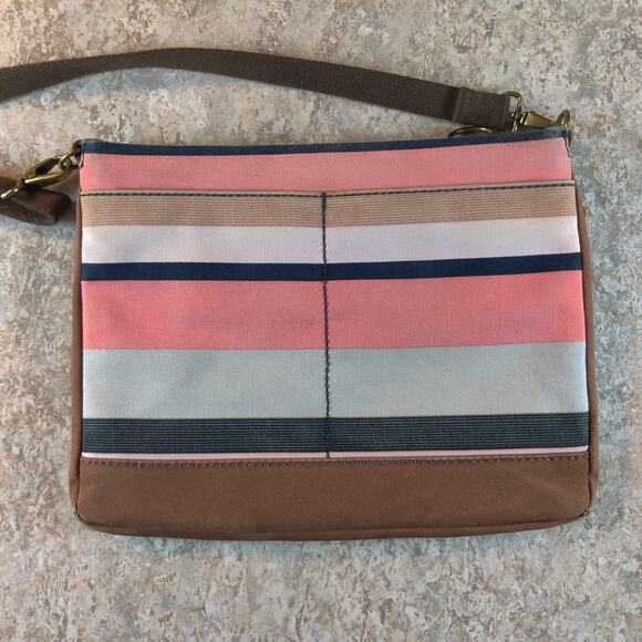 Fossil Purse Pink Striped Canvas Messenger Crossbody Bag Pink Brown White - Picture 4 of 10